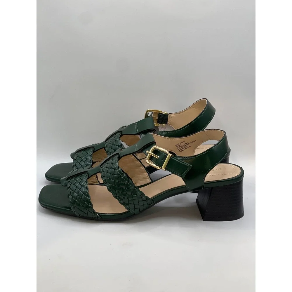 Liz Claiborne Clegan Green Woven Block Heel Sandals Square Toe Wide Width 11W